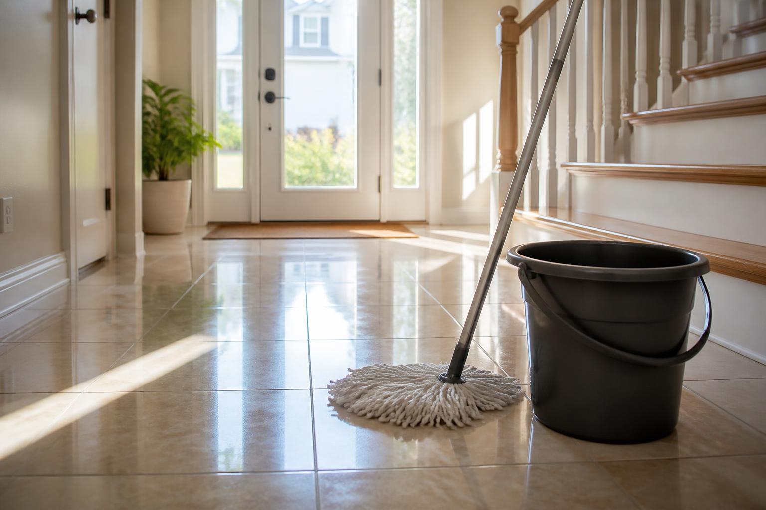 A freshly mopped tile entryway with a mop and bucket