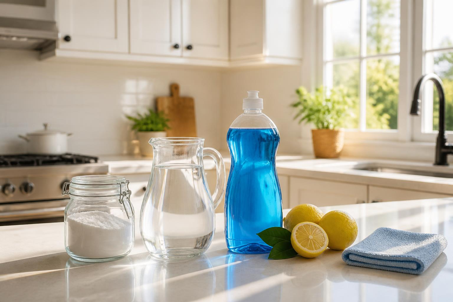A bright kitchen counter with baking soda, white vinegar, dish soap and lemons