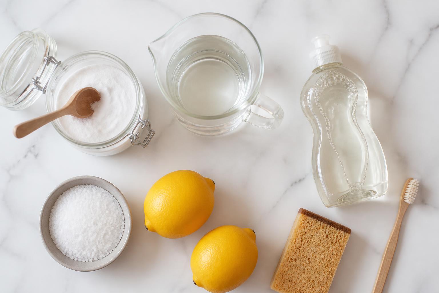 Baking soda, white vinegar, dish soap, salt and lemons laid out on a white counter