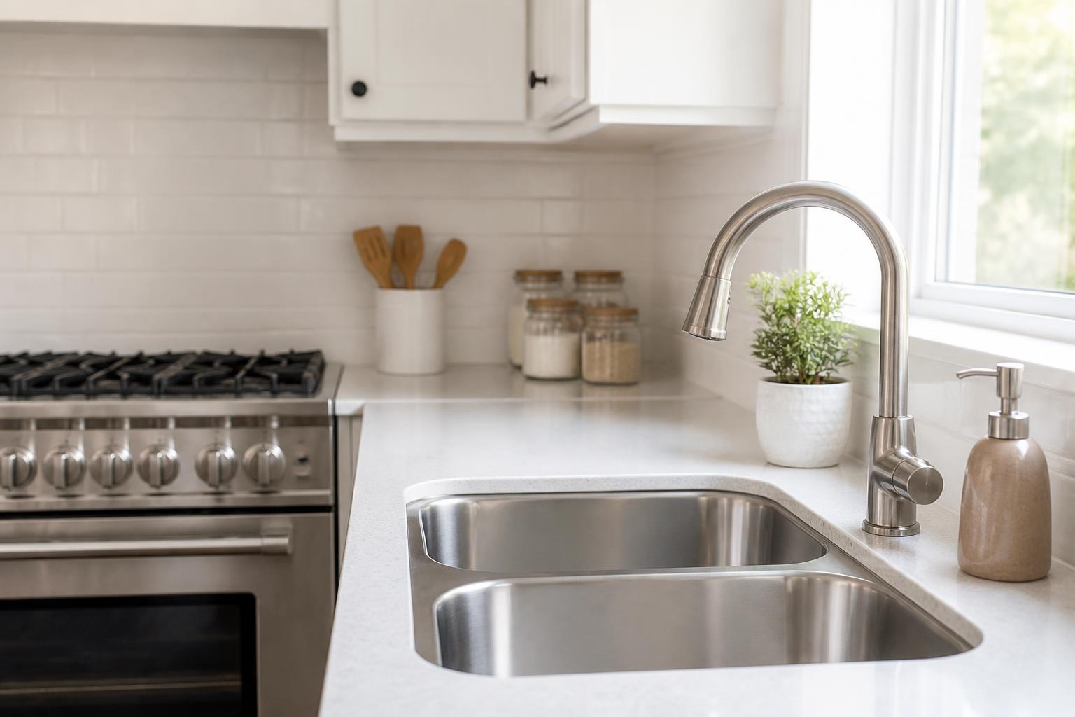 A clean kitchen sink and stove